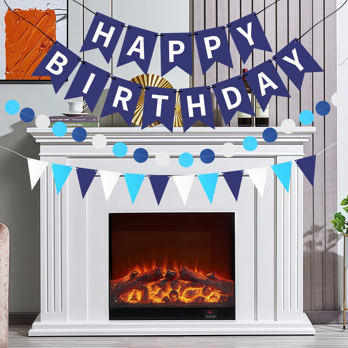 Blue Happy Birthday Banner, Happy Birthday Decorations Hanging Birthday Sign Circle Dot Triangle