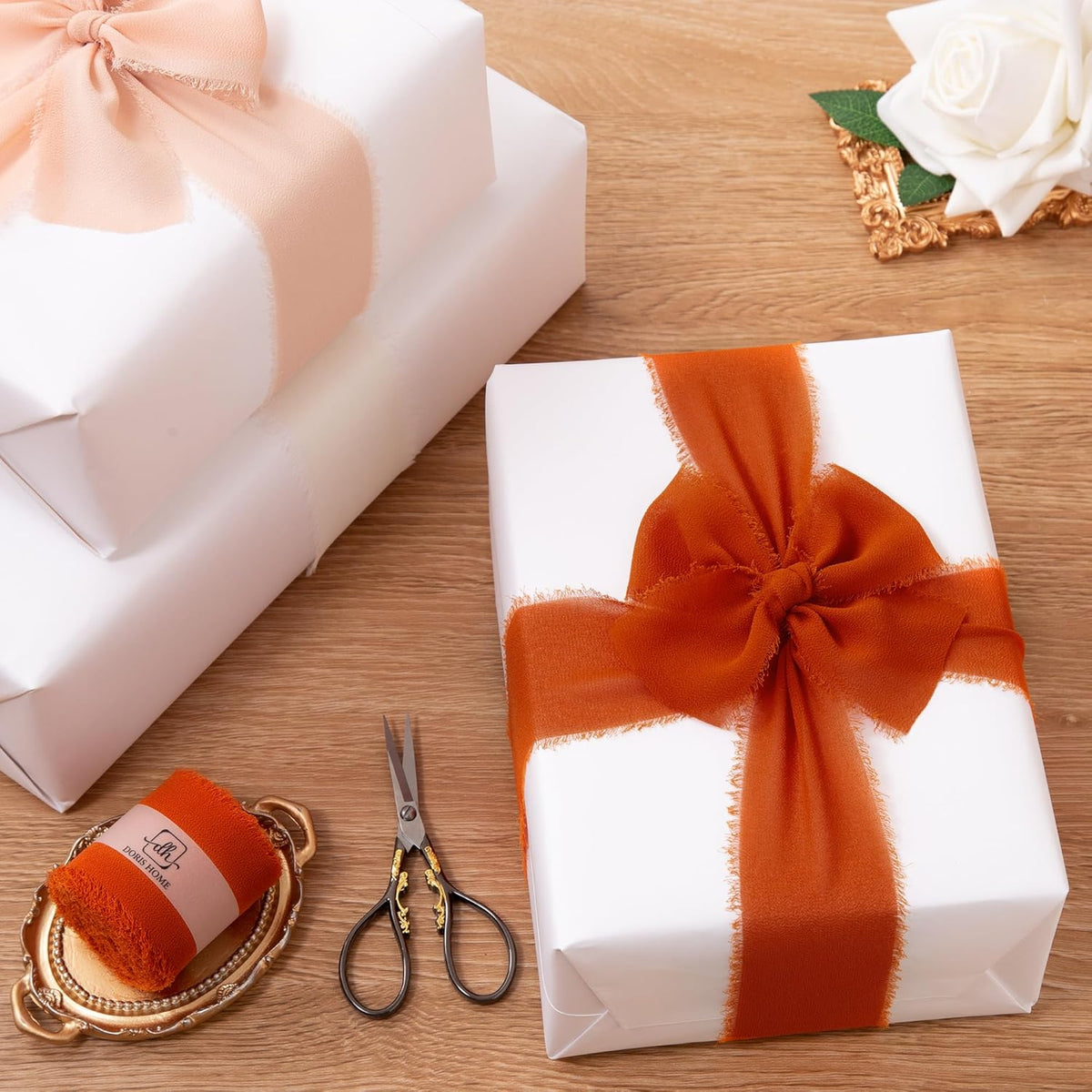 DORIS HOME Burnt Orange Chiffon Ribbon for Flower Bouquet, 2" x21Yd Fabric Ribbon for Gift