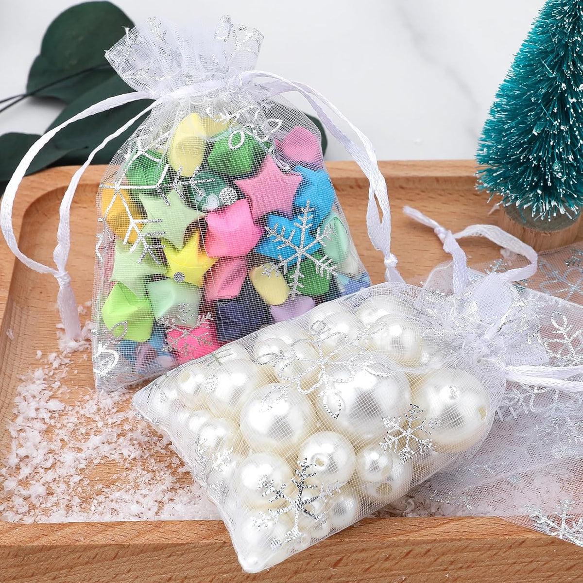 jijAcraft 3x4 Inch Christmas Organza Bags - 50Pcs White Snowflake Gift Bags with Drawstring, Xmas