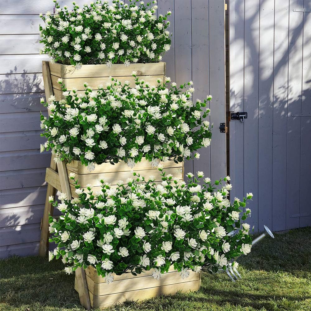 10 Bundles Artificial Fake Flowers, Faux Outdoor Plastic Plants UV Resistant Shrubs Outside Indoor