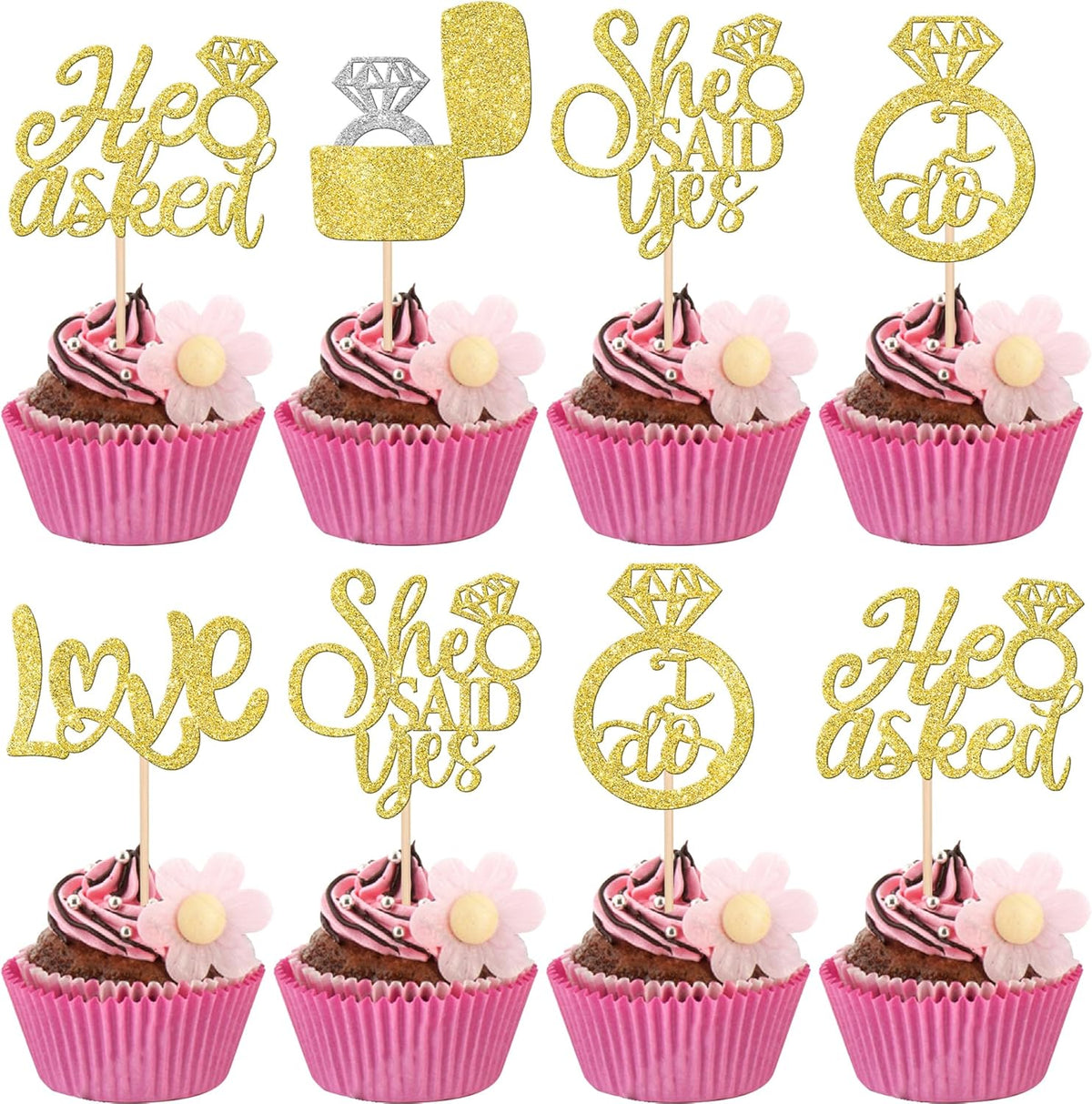 30 PCS He Asked She Said Yes Cupcake Toppers Love I Do Diamond Ring Cupcake Picks for Wedding