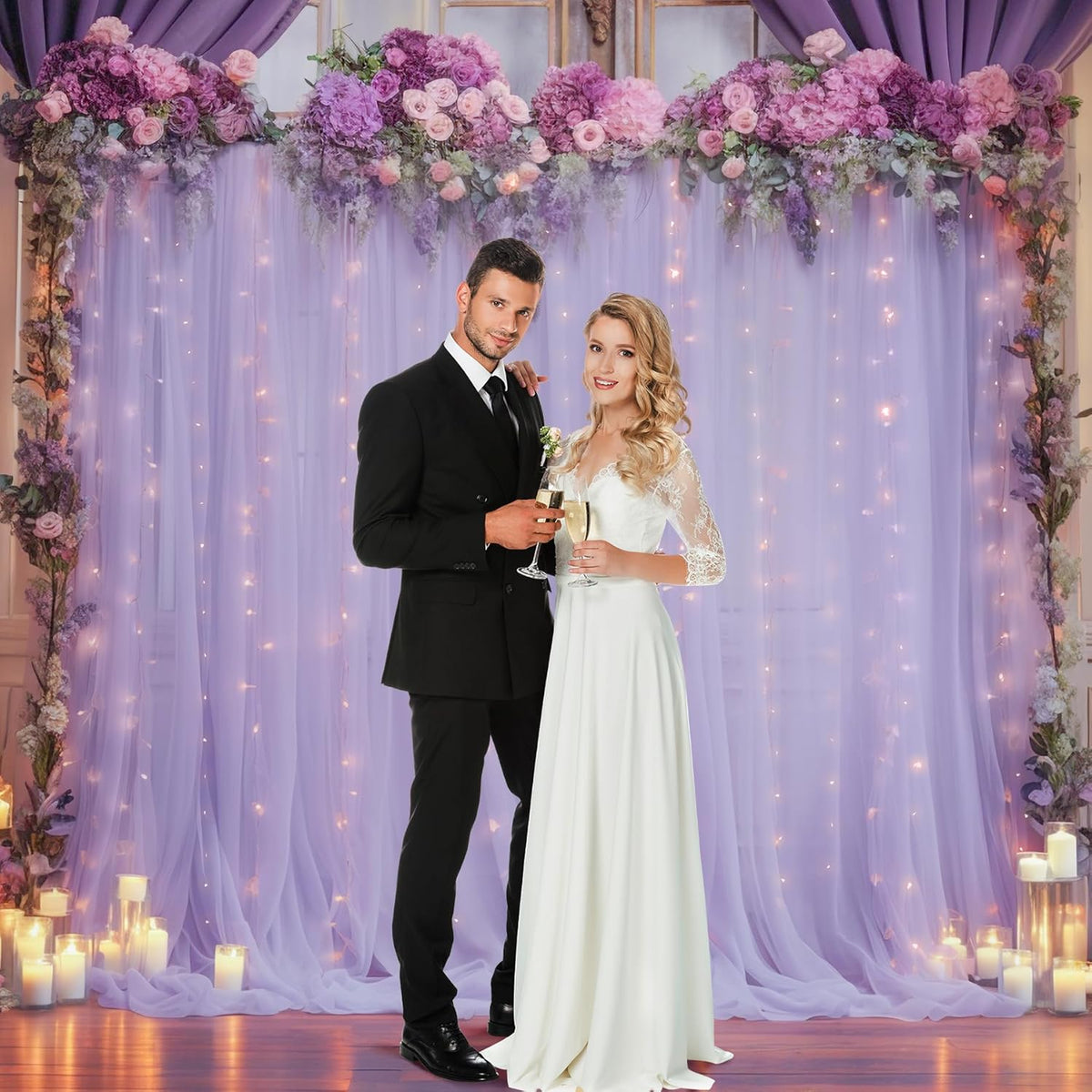 10x10ft Purple Tulle Backdrop Curtain with Lights String for Parites, Sheer Photo Backdrop Curtains