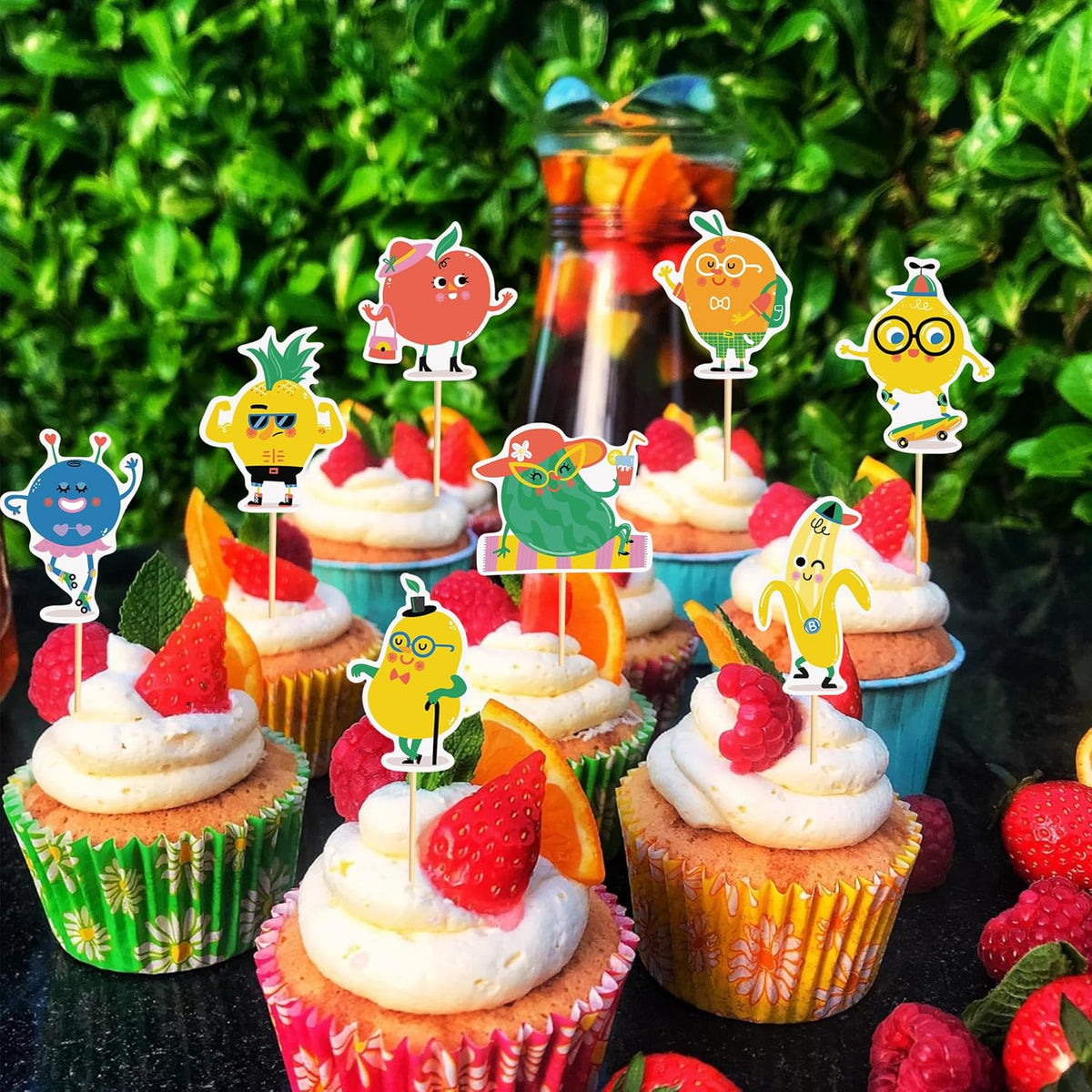 24pcs Fruit Cupcake Toppers Anthropomorphic Fruit Theme Kawaii Watermelon Apple Banana Lemon