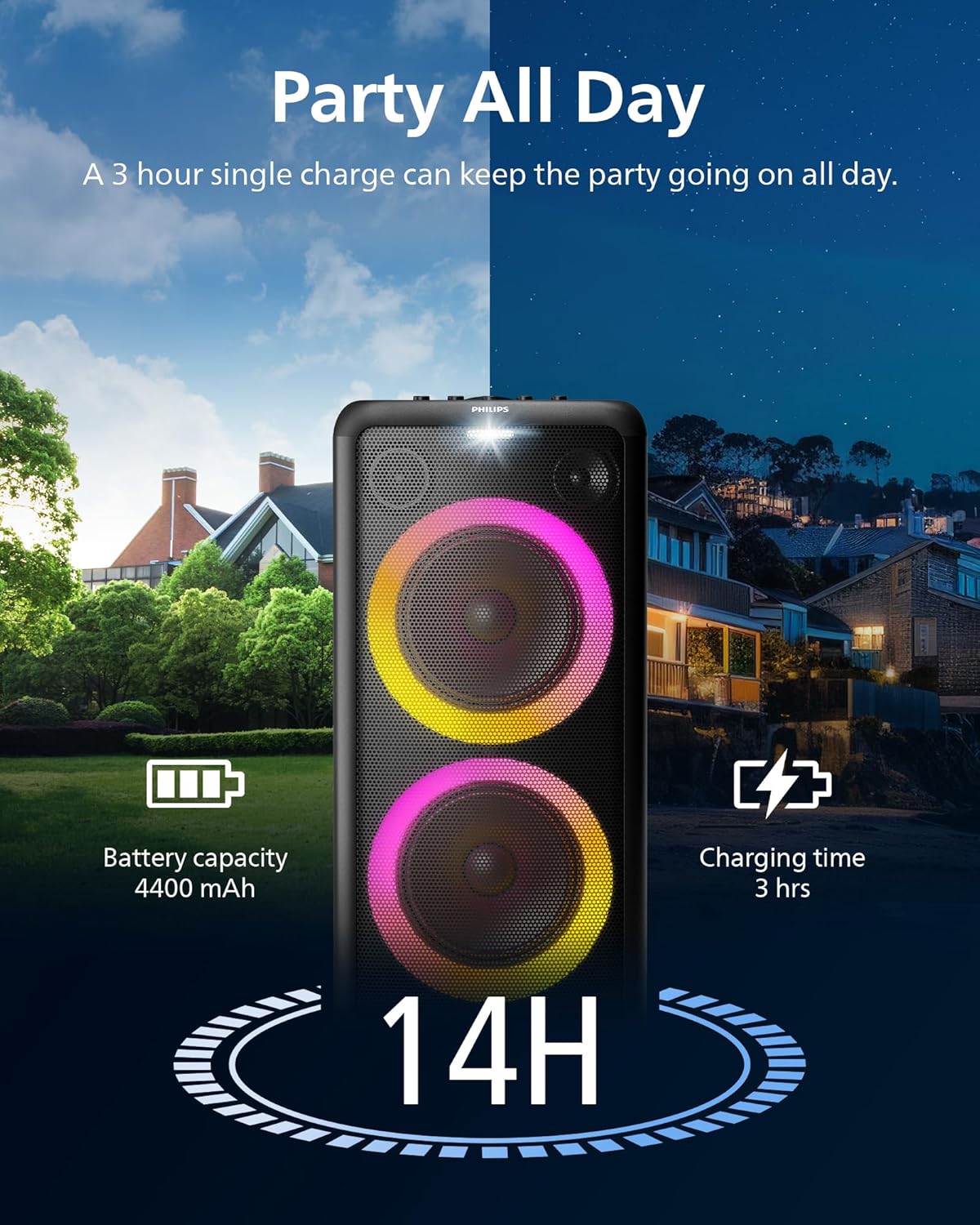Philips X5206 bluetooth party speaker, portable with wheels, exciting light show, karaoke machine