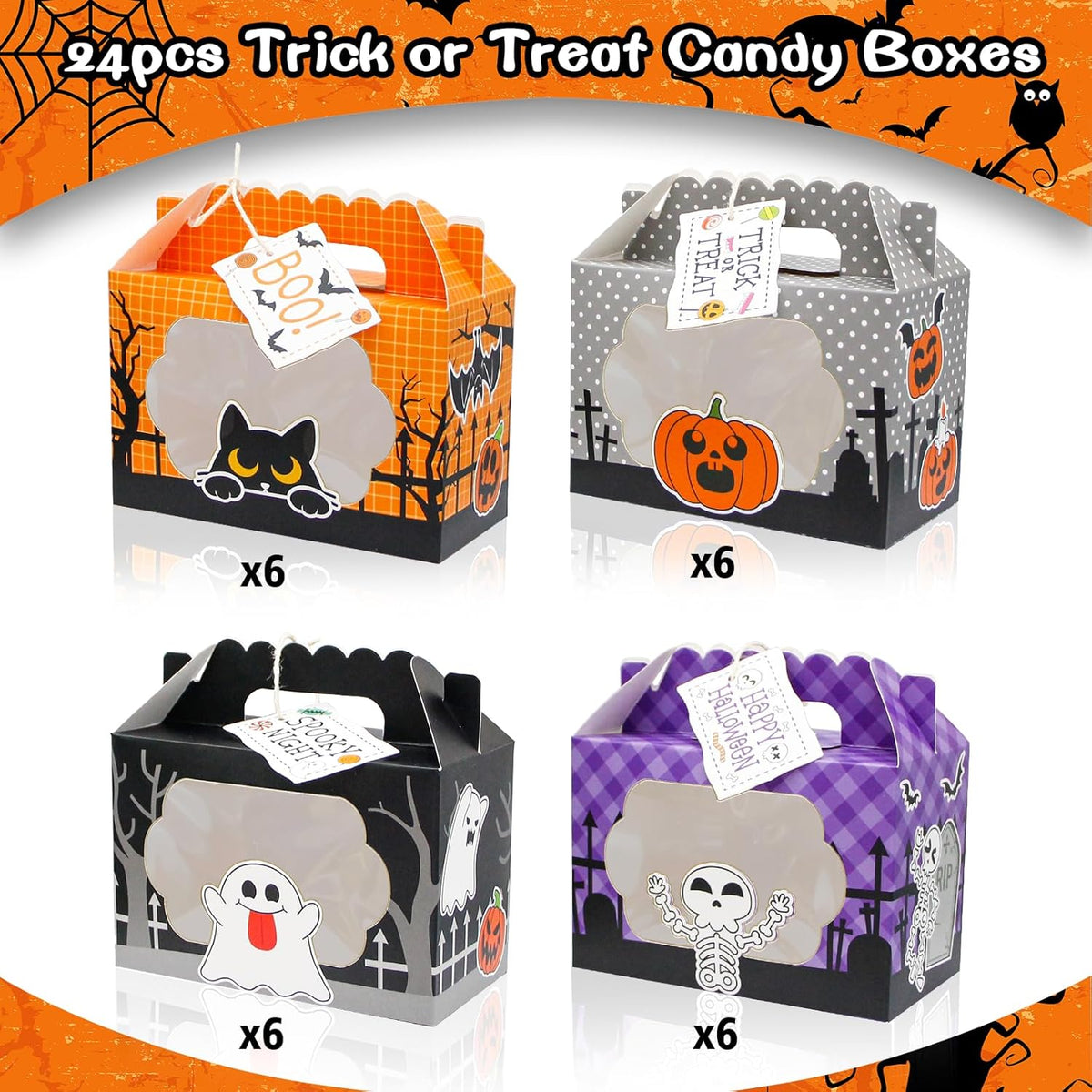 24 Pack Halloween Treat Boxes, Trick or Treat Candy Boxes with Window Halloween Party Favors Gift