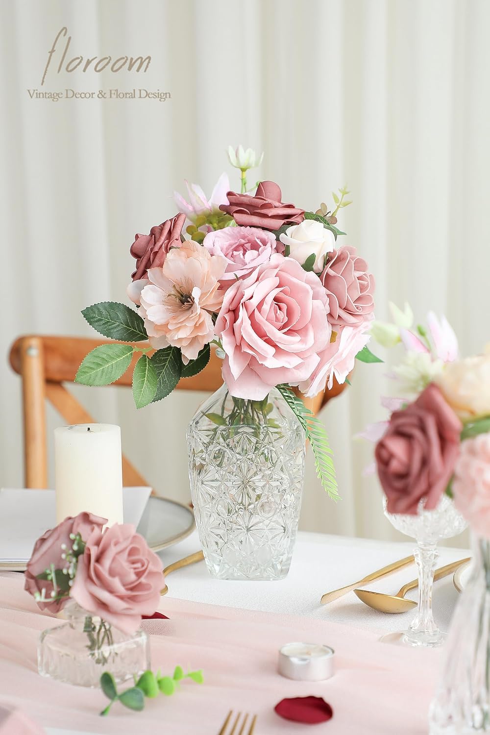 Floroom Dusty Rose Artificial Flowers Fake Roses Peonies and Greenery Combo Box Set for DIY Wedding