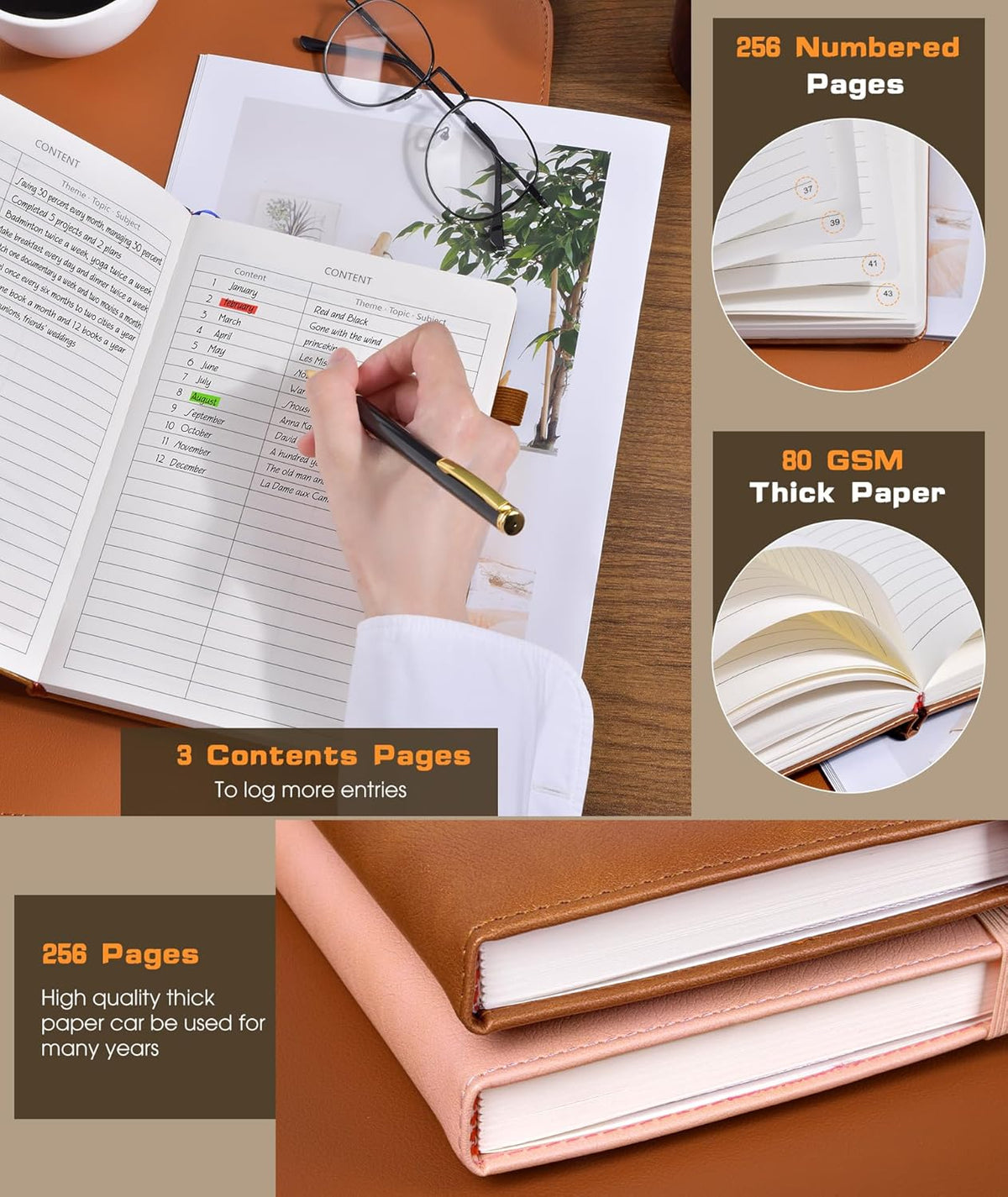 Lined Journal Notebook for Women Men, 256 Numbered Pages Hardcover Leather Journals for Writing, A5