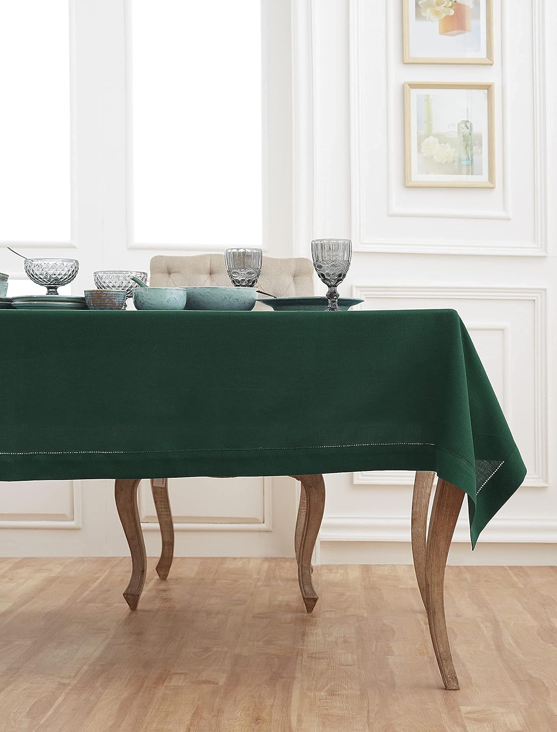 Solino Home Linen Tablecloth 60 x 120 Inch - Classic Hemstitch 100% Pure Linen Rainforest Green