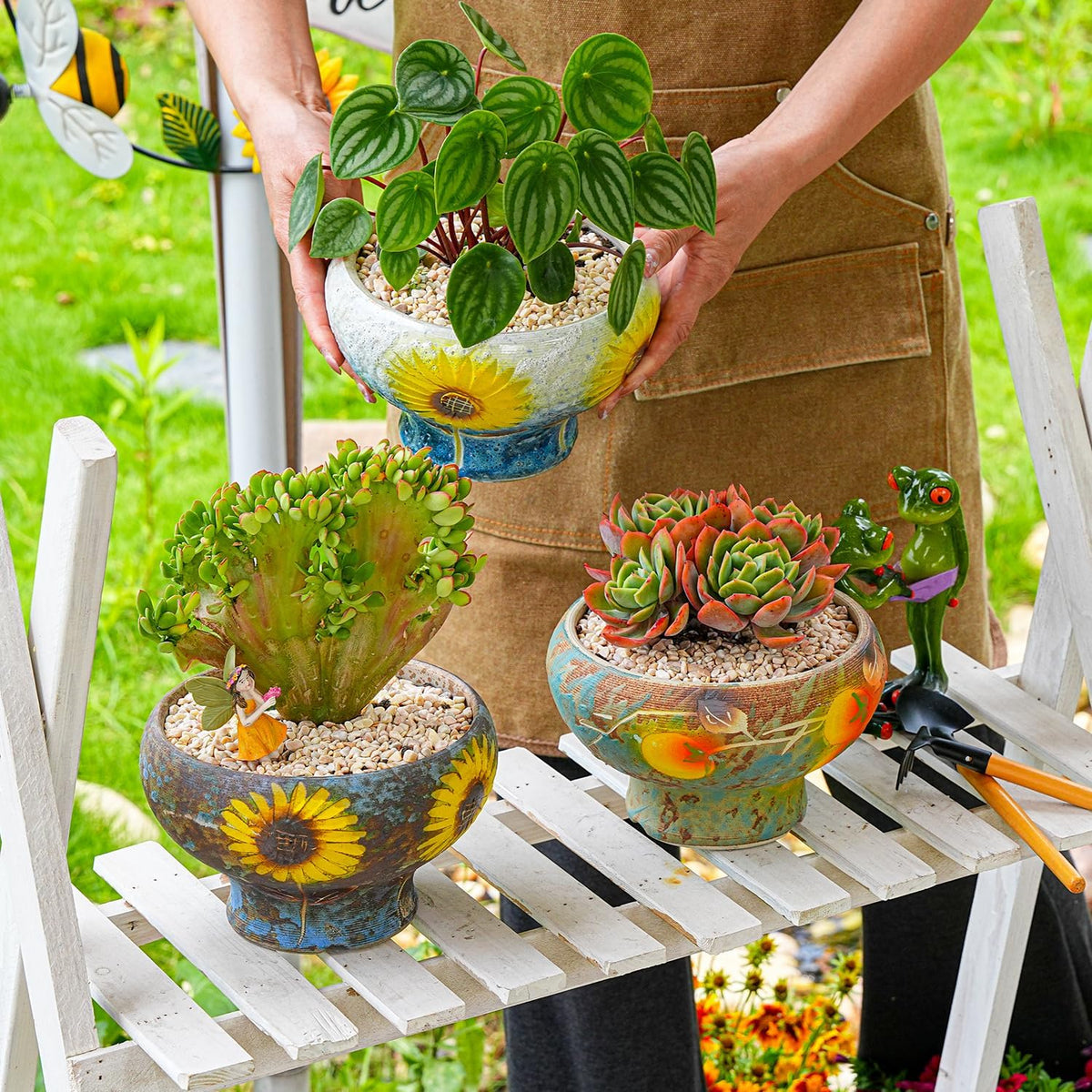 Sungmor Small Succulent Planters Set of 2, Beautiful Hand Crafted Ceramic Plant Pots Cute Cactus