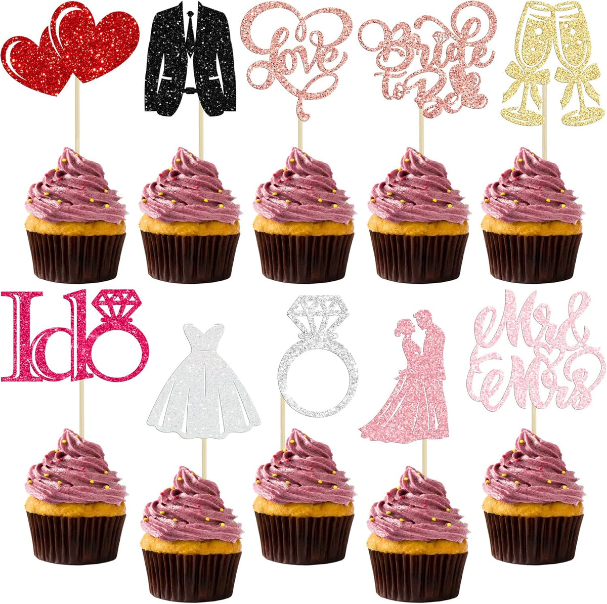 Gyufise 30Pcs Bride to Be Cupcake Toppers Glitter Diamond Ring I Do Love Cupcake Picks Miss to Mrs