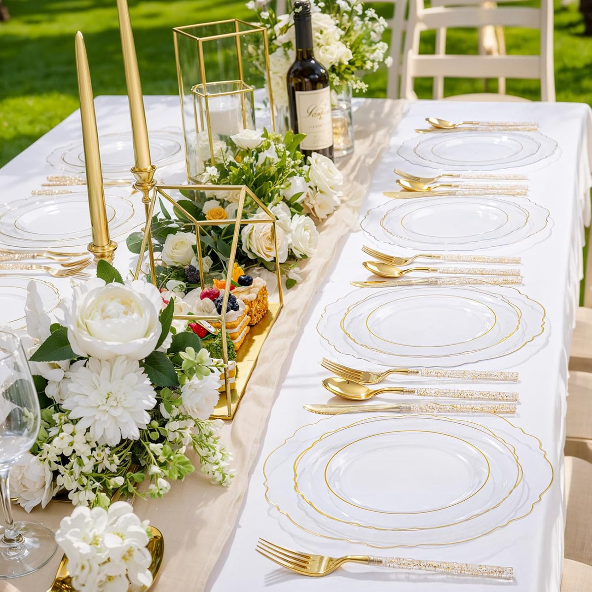 Liacere 150PCS Clear Gold Plastic Plates - Disposable Plastic Silverware with Glitter Bamboo Handle