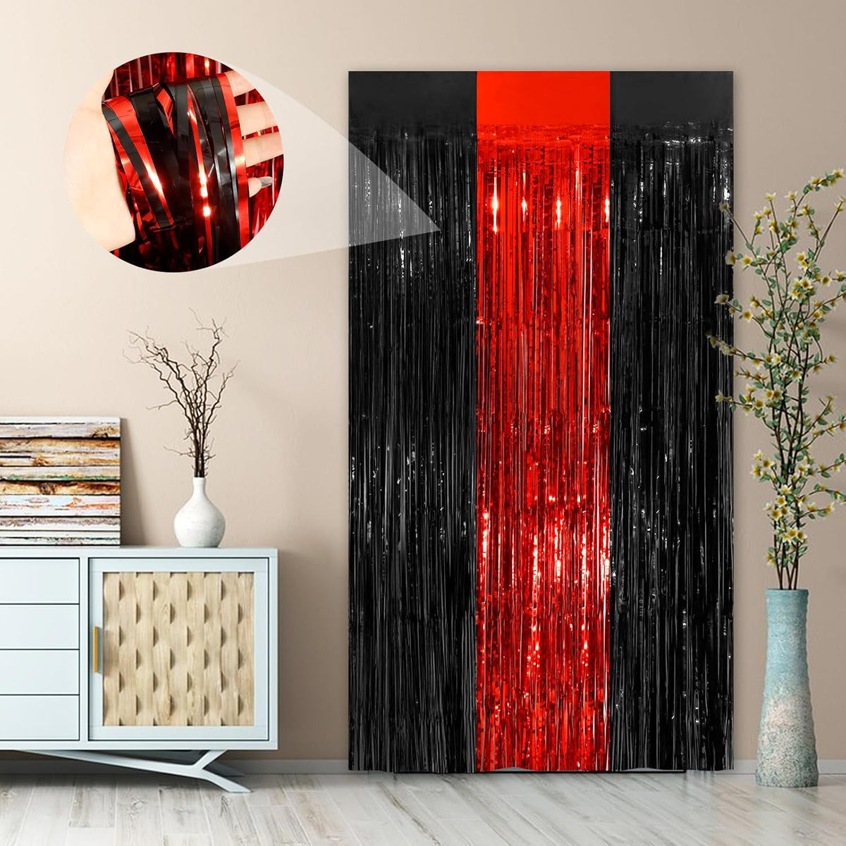 Black Red Fringe Curtain Party Streamers 2Pack 3.3 x 8.3 Ft Foil Fringe Backdrop Curtains for
