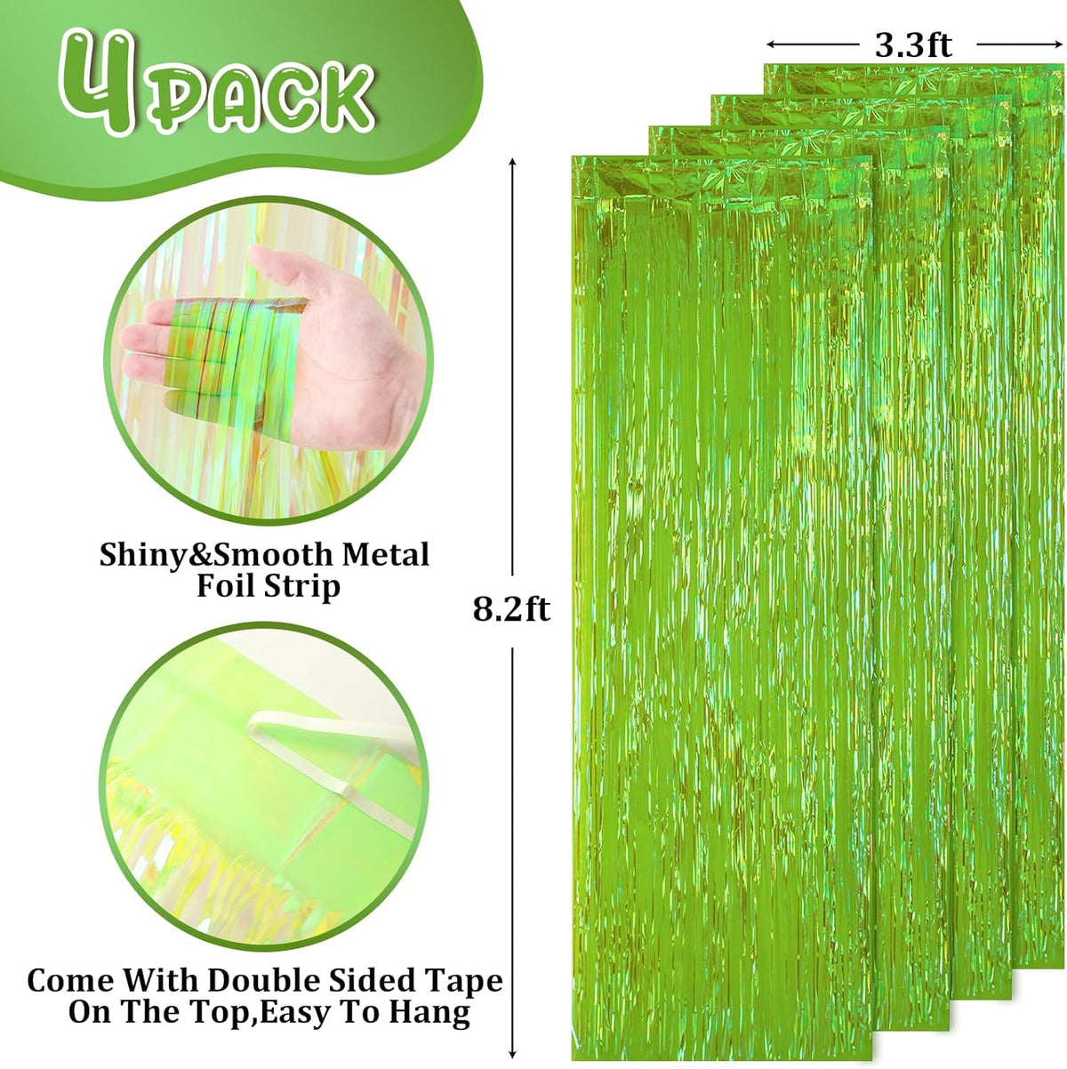 4 Pack 3.3x8.2 Feet Neon Green Foil Fringe Backdrop Curtains, Tinsel Streamers Birthday Party