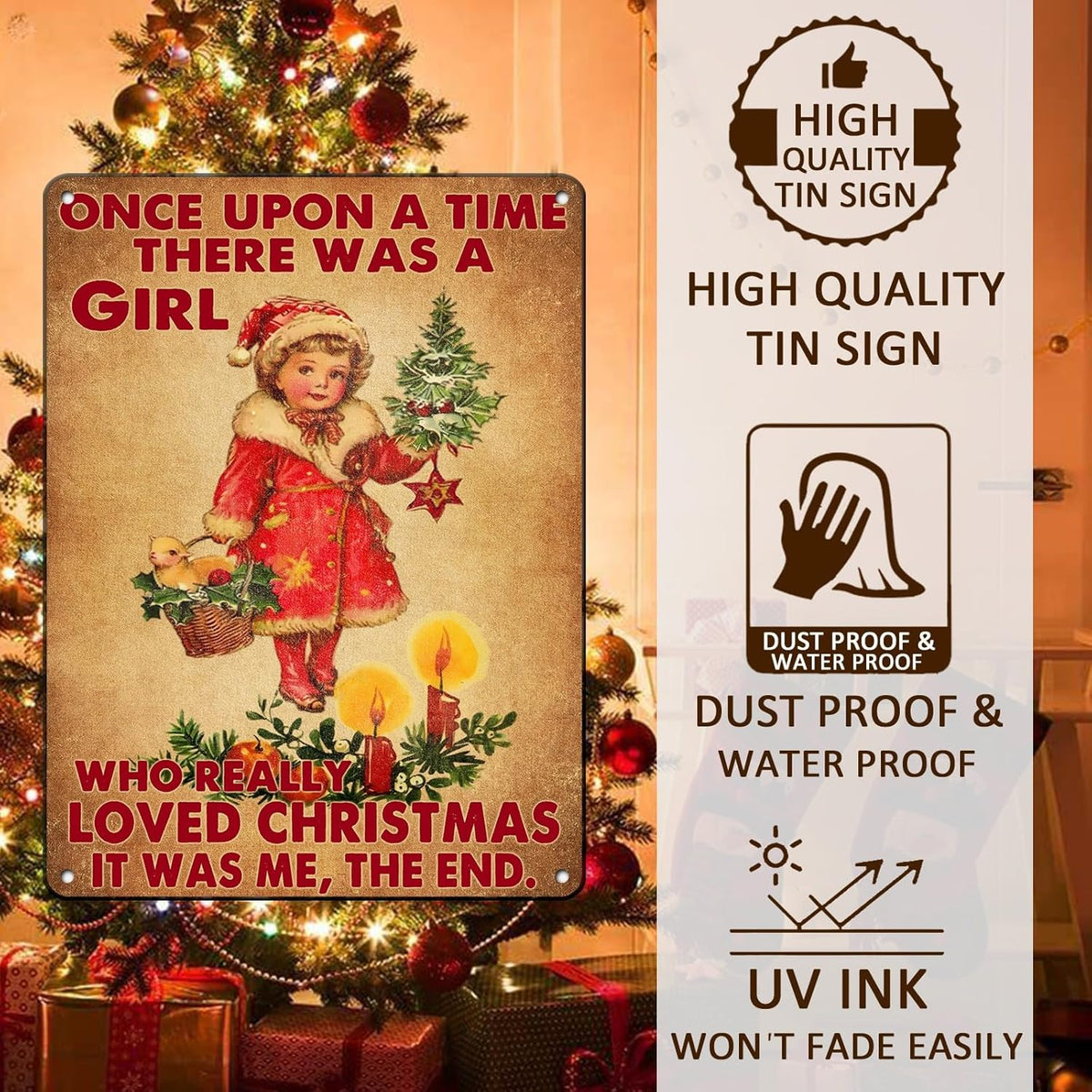 Vintage Christmas Metal Tin Sign Once Upon A Time Girl Loved 80s Christmas Style Wall Art Christmas