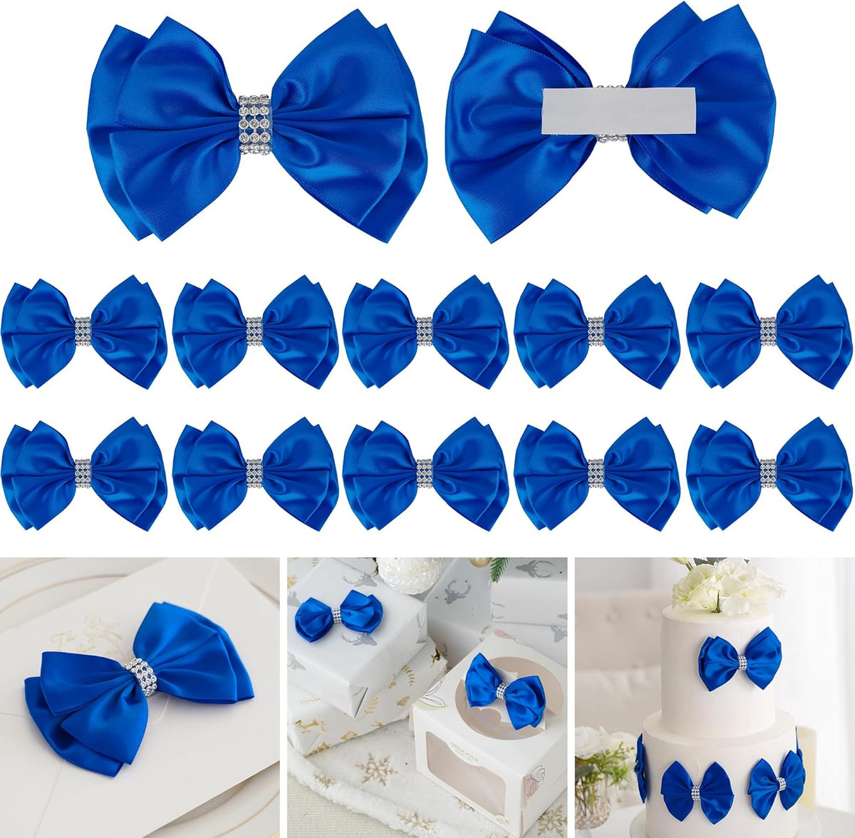 Royal Satin Bows 4'' Premade Blue Ribbon Bow, Gift Bows with Rhinestone, Wrapping Bows for