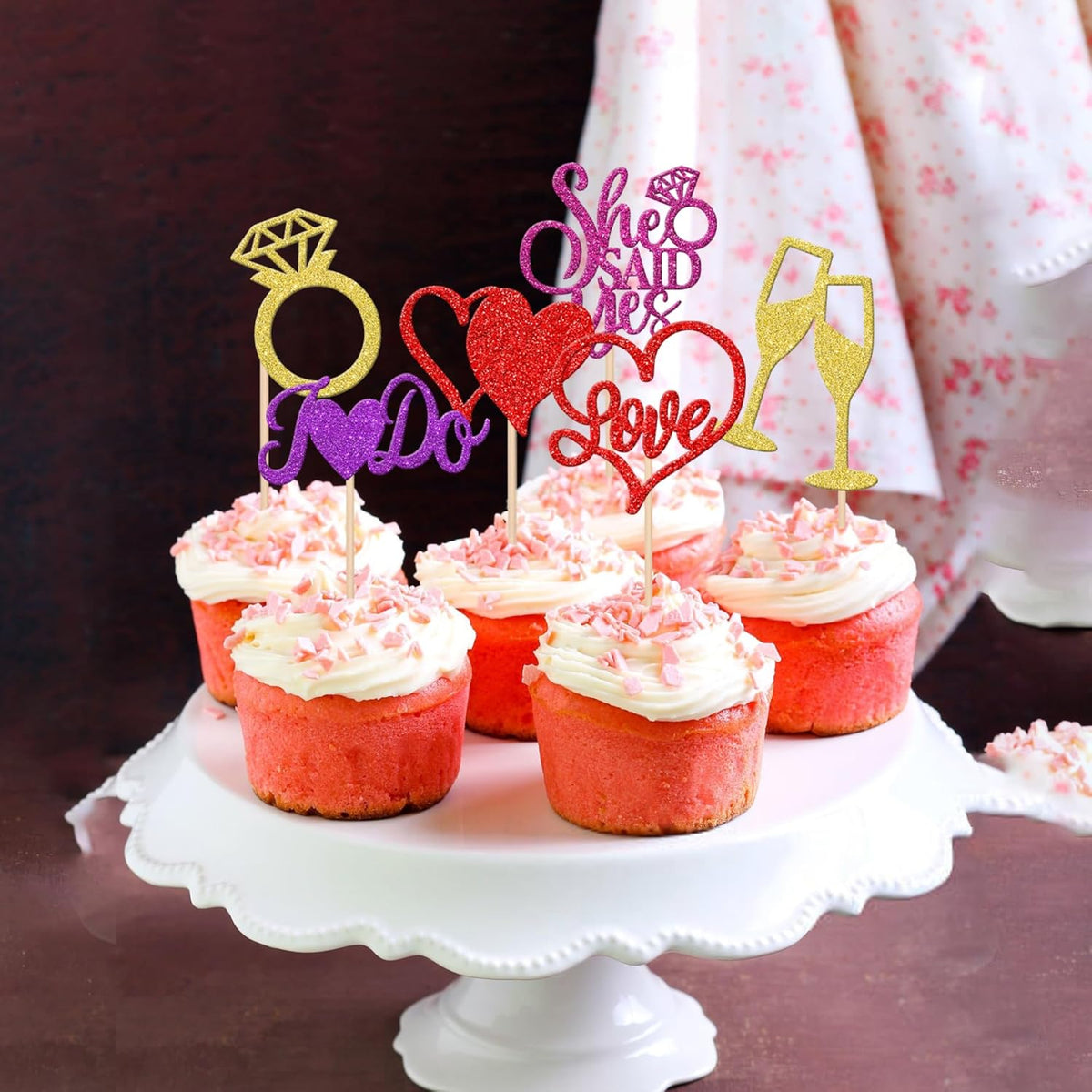 30 PCS Bride to Be Cupcake Toppers Glitter Miss to Mrs I Do Love Heart Ring Cupcake Picks Wedding