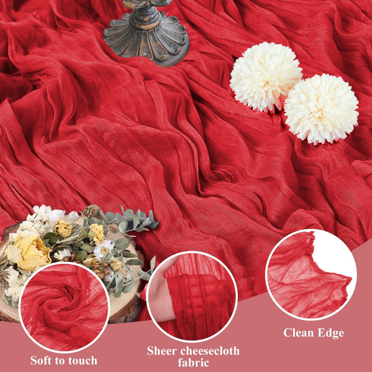 Asee'm 3PCS Fall Table Runner Cheesecloth 10FT Red Boho Gauze Fabric Rustic Sheer Cheese Cloth
