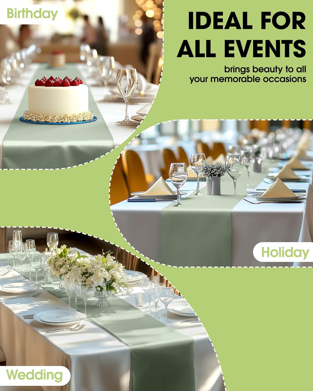 Pureegg Sage Green Plastic Table Runners - 10 Pack, 14'' x 108'', Water Resistant & Disposable