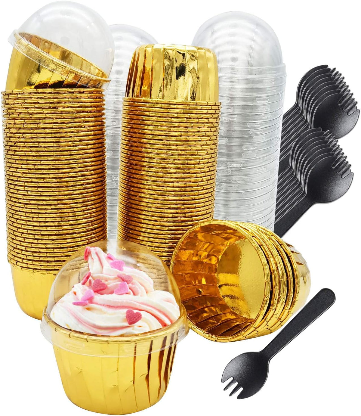 Gold Cupcake Liners with Lids 100Pack,Free-Air 3.5Oz Mini Muffin Liners Cupcake Wrappers,Foil