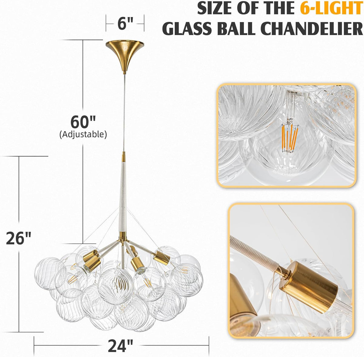 Mid-Century Bubble Globe Chandelier, White and Gold 6 Lights Dia 24" Swirled Glass Chandeliers for