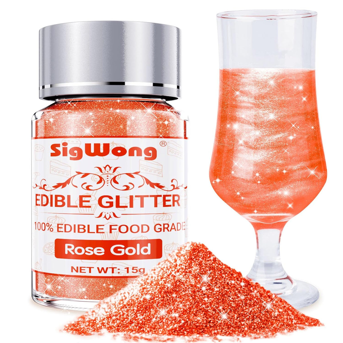 Rose Gold Edible Glitter - 15g Food Grade Luster Dust Powder, Cake Decorating Sprinkle Glimmery