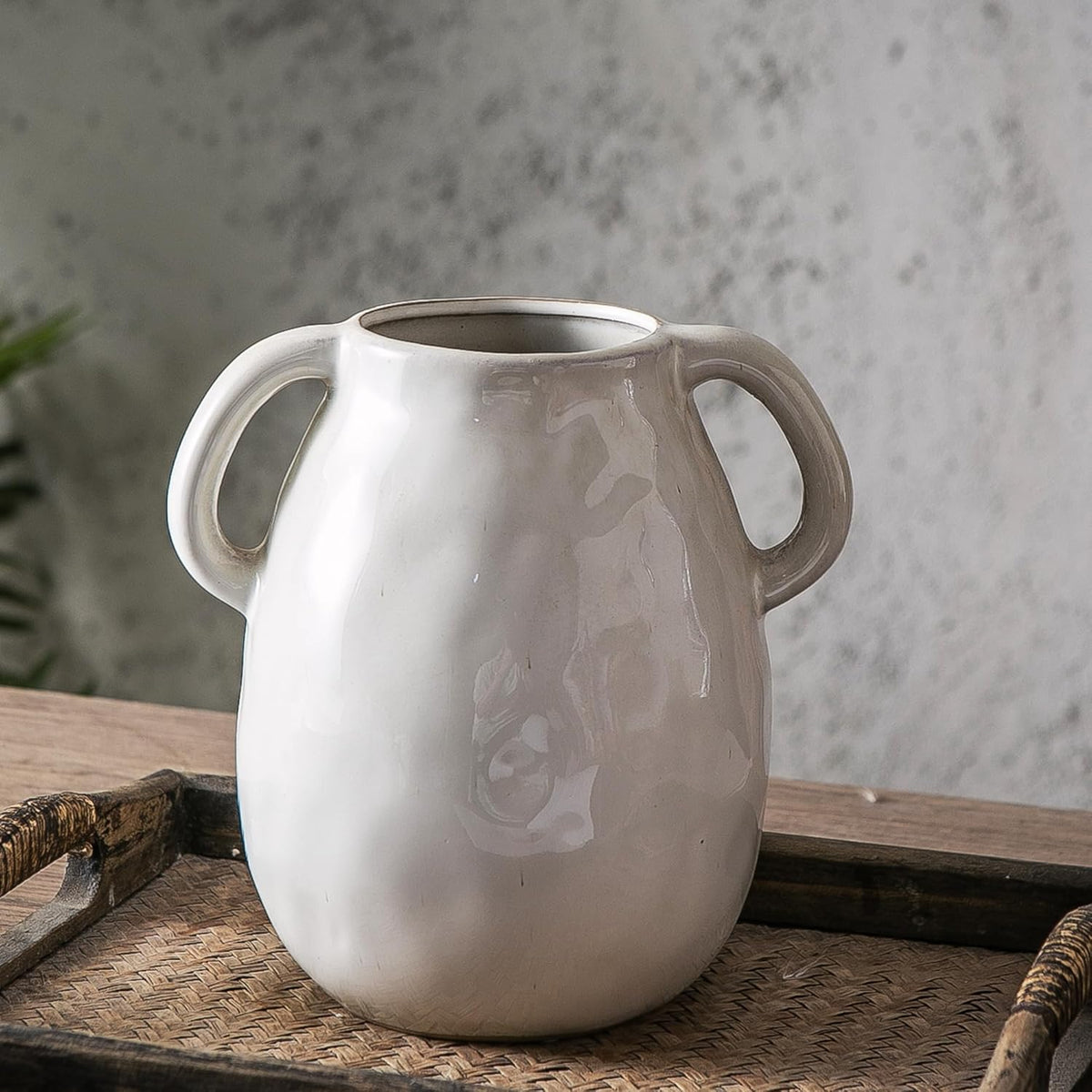 Kimdio White Ceramic Vase with 2 Handles, Modern Farmhouse Vases for Home Decor, Rustic Pottery