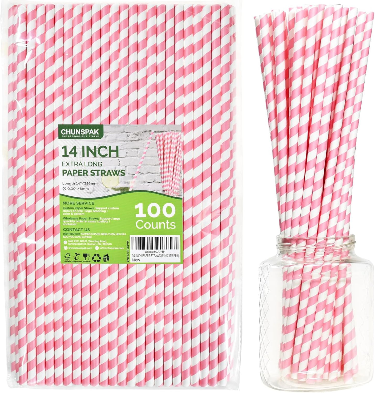 14 inch Extra Long Disposable Pink/White Striped Paper Drinking Straws 0.31" Wide - 100 Counts
