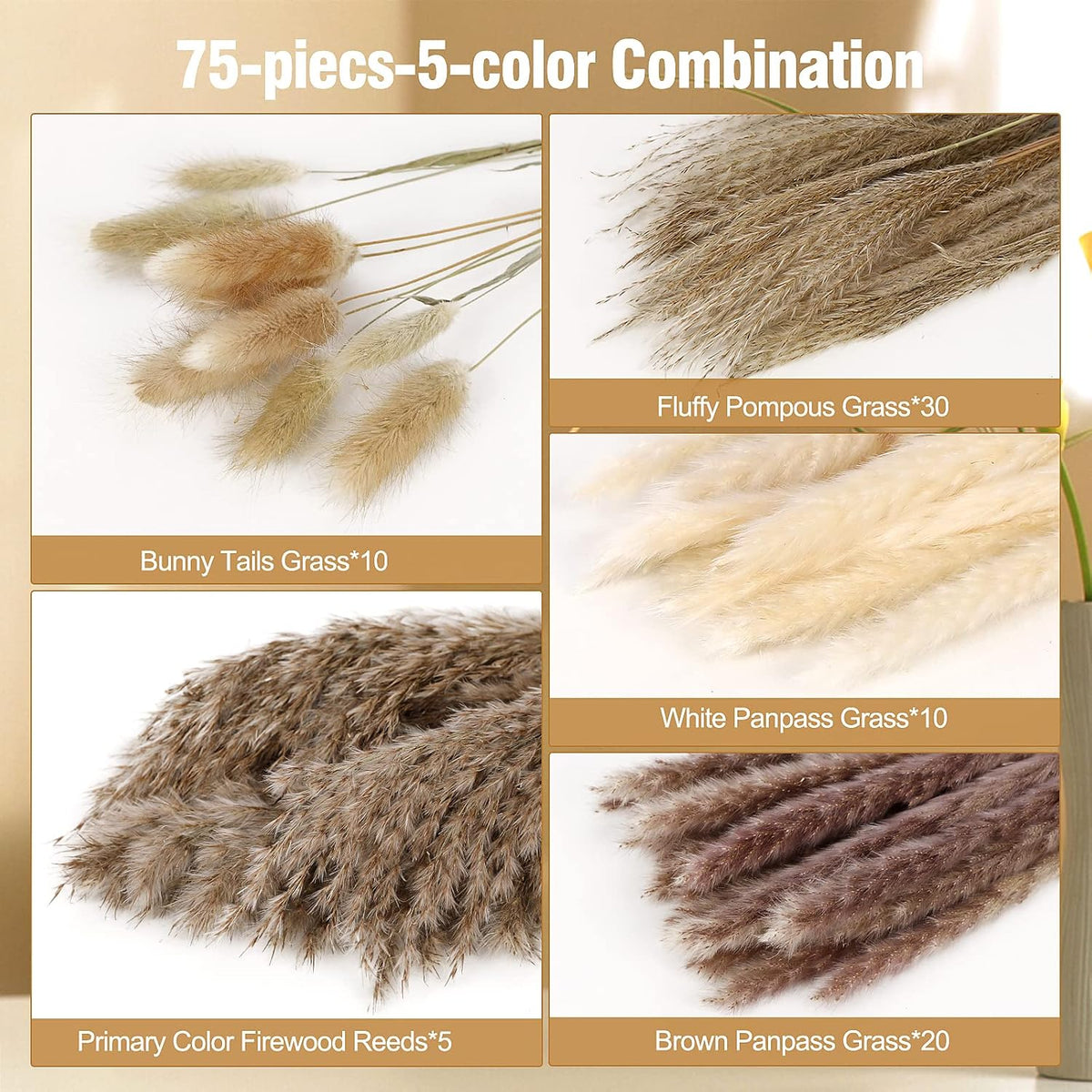 N&T NETING 75Pcs Pampas Grass Decor-10Pcs White Pampas Grass, 20Pcs Brown Pampas, 10Pcs Bunny Tail