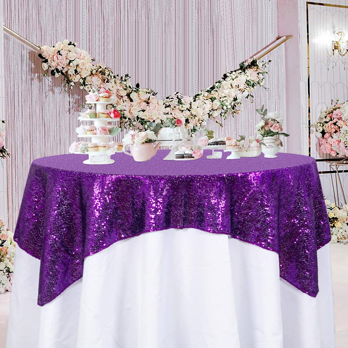 ShinyBeauty Sequin Tablecloth - Square 54x54-Inch Purple Glitter Tablecloth for Round Table