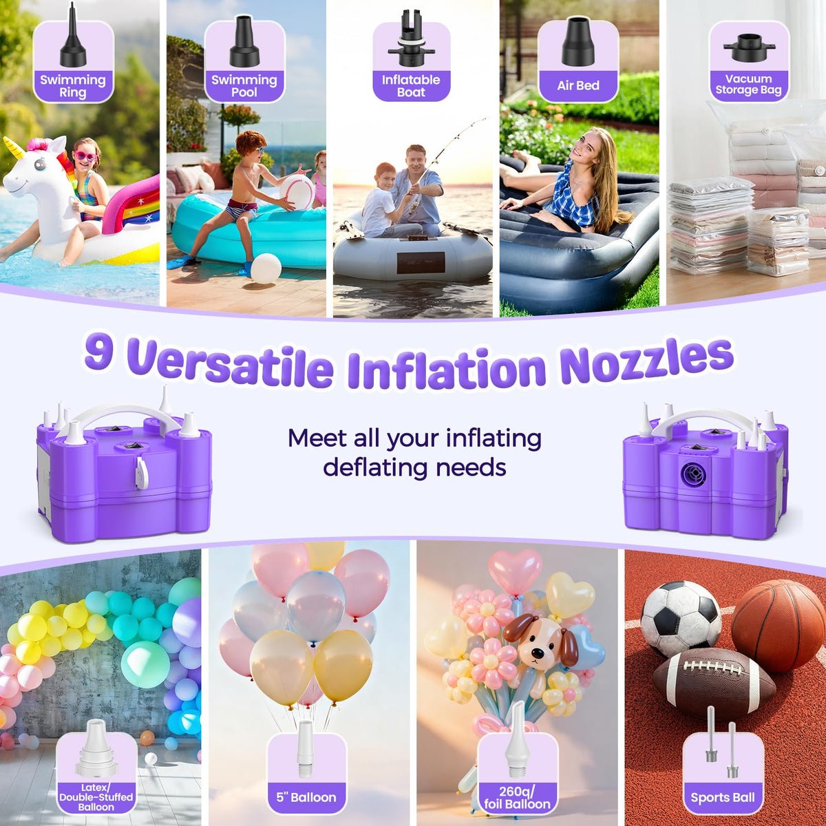 Electric Balloon Pump, 4-in-1 Triple Nozzles for All Balloons - Purple