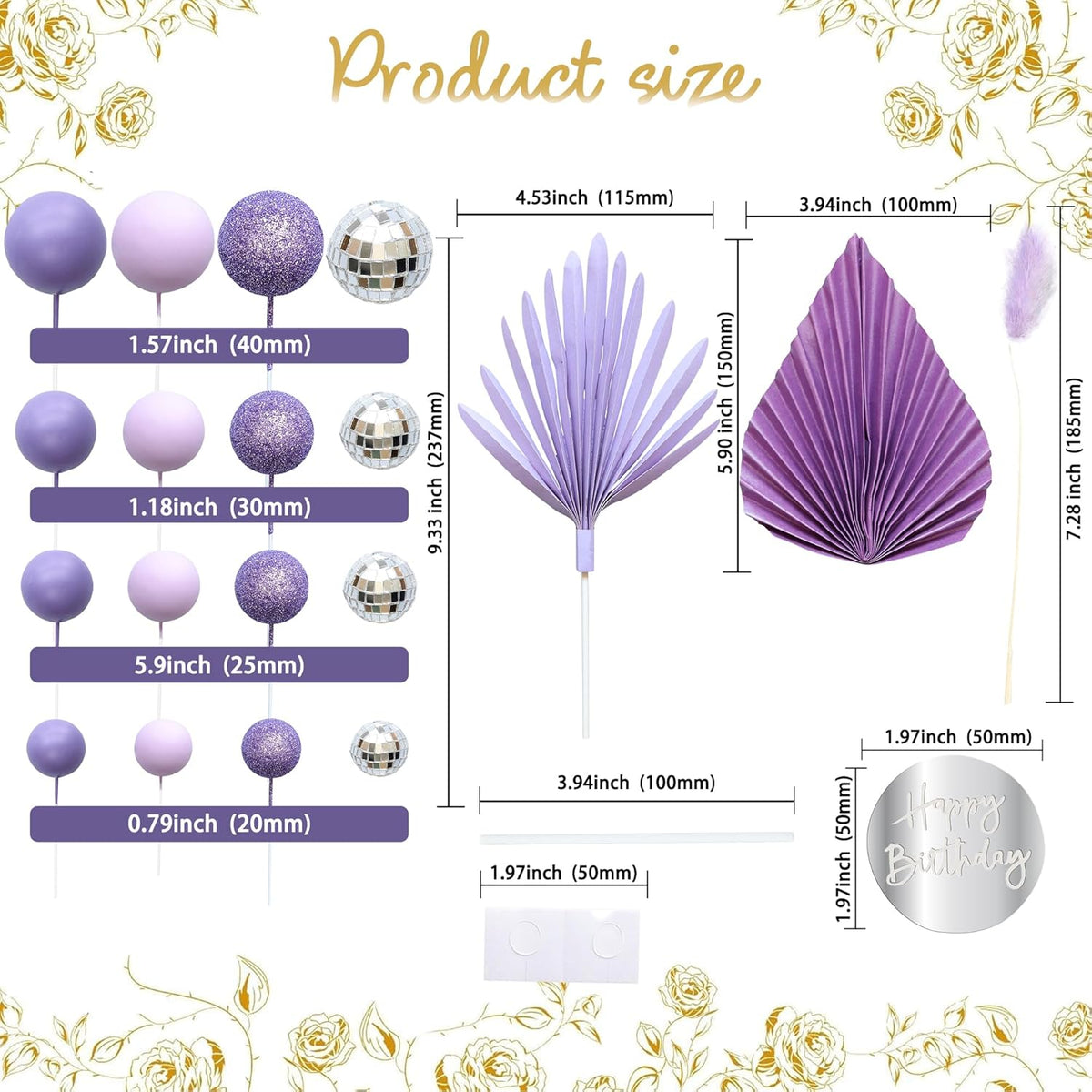 Ephlyn 33 Pack Balls Cake Toppers Boho Palm Leaves Cake Decorations Round Acrylic Happy Birthday