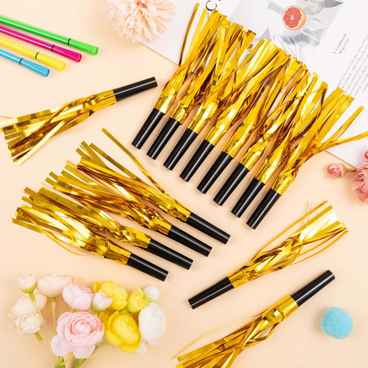 36 Pcs Noise Makers Birthday Blowers Glitter Metallic Fringed Party Blow Horns for Birthday Baby