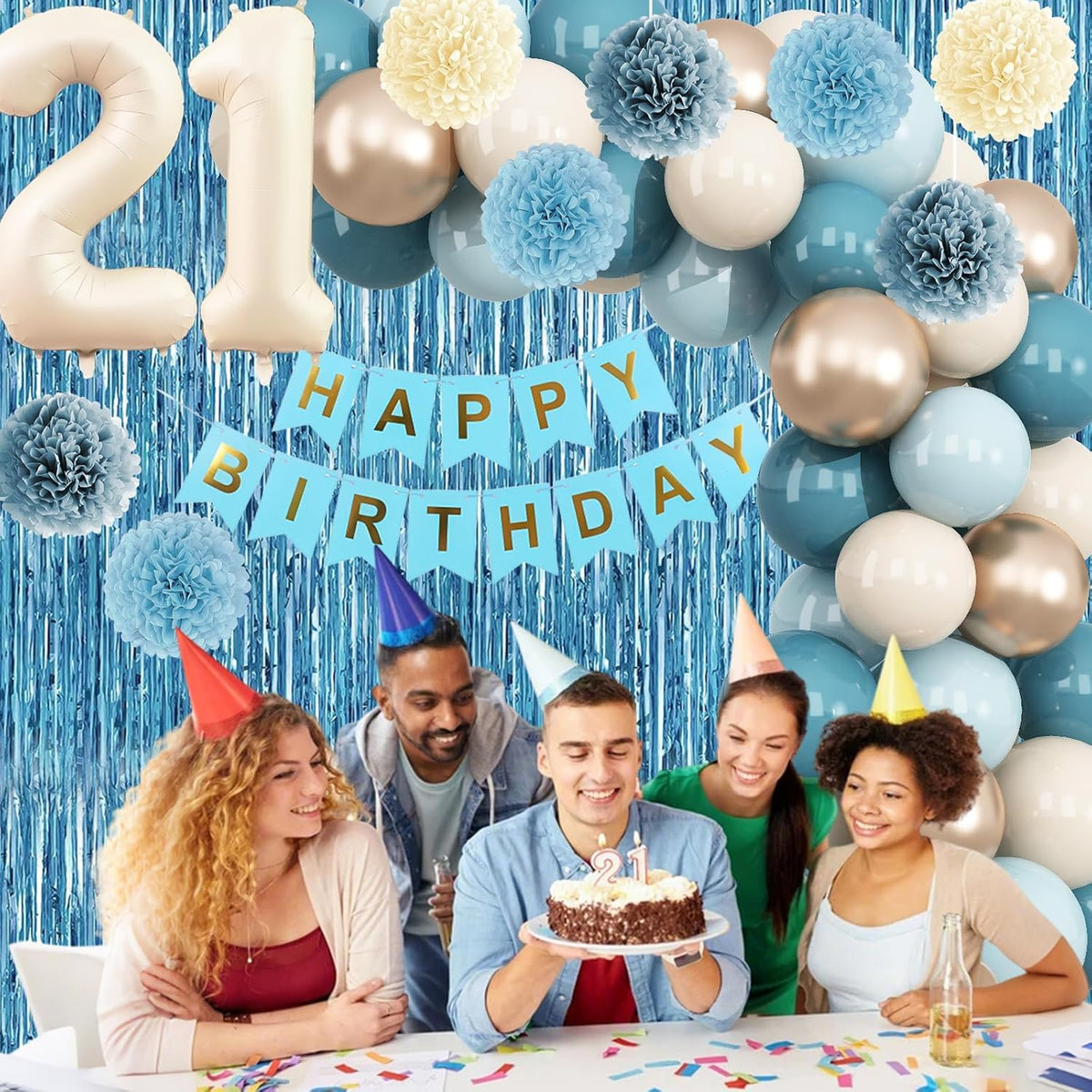Dusty Blue 21st Birthday Decorations for Him Her Beige Cream Number 21 Balloon Blue Gold Happy