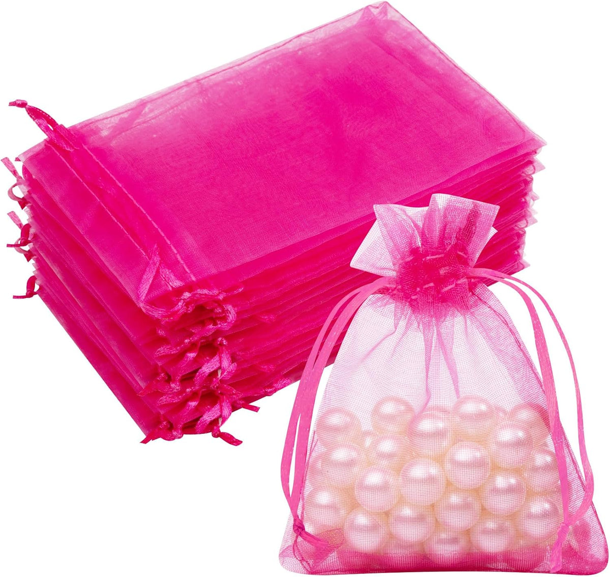 50 Pcs Hot Pink Organza Bags, 3x4 Inch Small Mesh Bags Drawstring Jewelry Pouch Gift Bag Goodie Bag