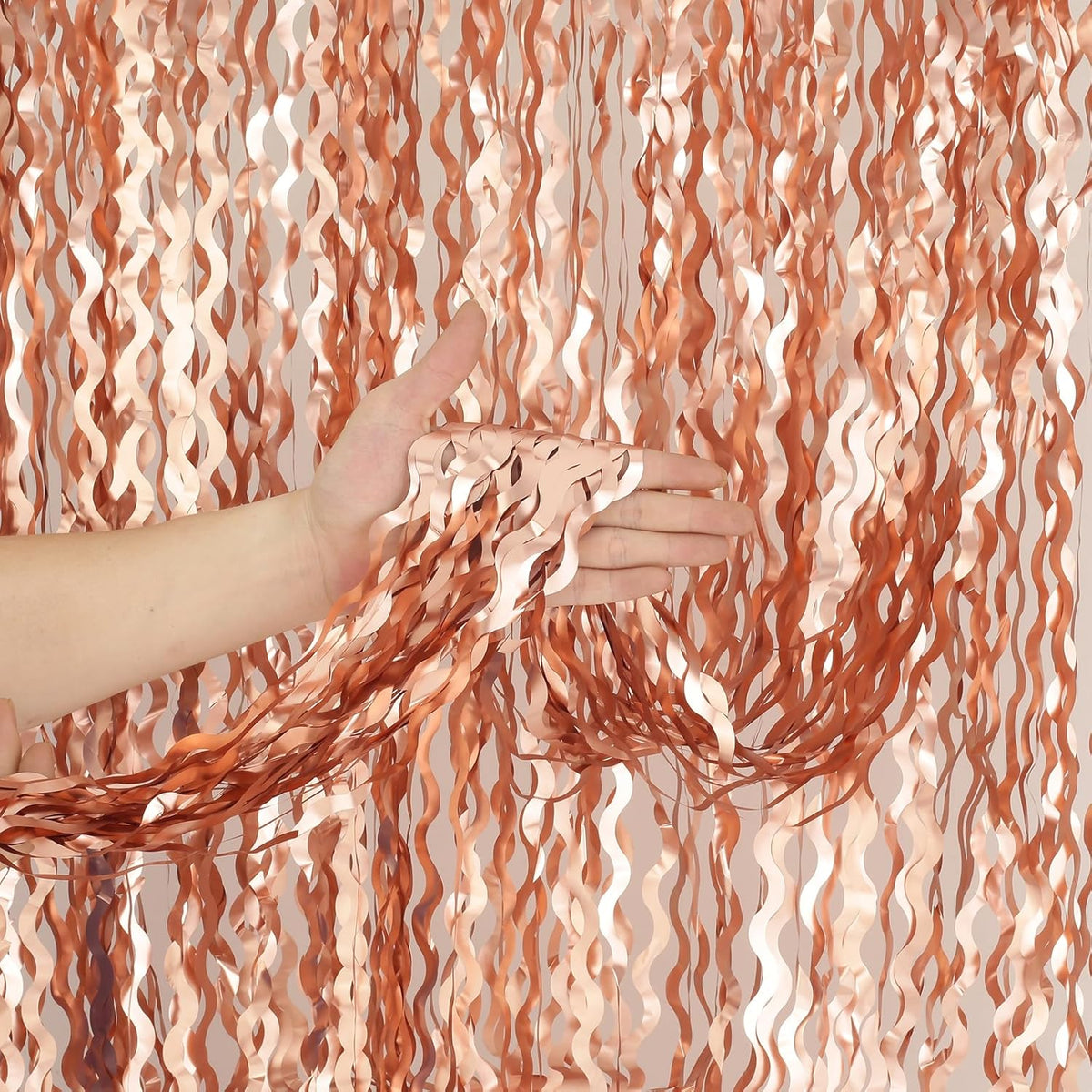4 Pack Rose Gold Backdrop Birthday Decorations - 3.3x6.6ft Wavy Tinsel Foil Backdrop Party Streamer