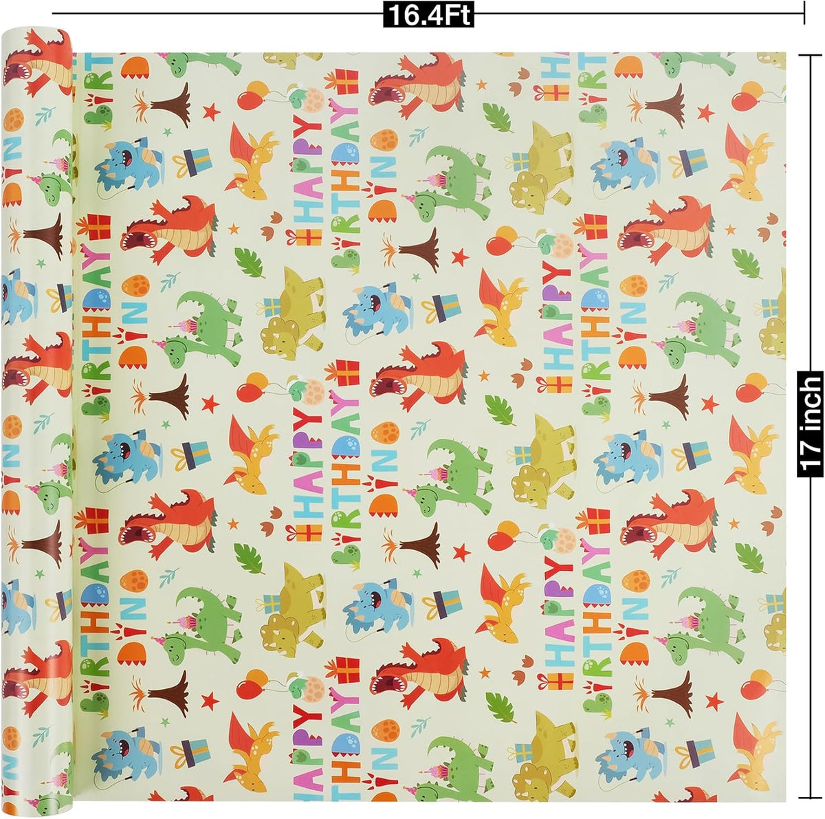 Aimyoo Dinosaur Birthday Wrapping Paper Roll - 17 Inch X 16.4 Feet - Green Happy Birthday Dino