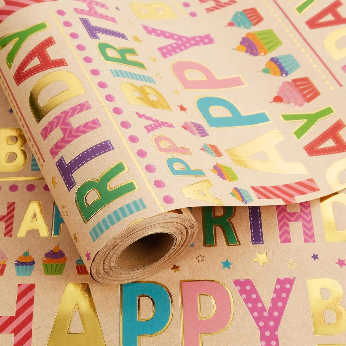 Aimyoo Colorful Birthday Wrapping Paper Roll - 17 Inch X 32.8 Feet - Gold Foil Happy Birthday