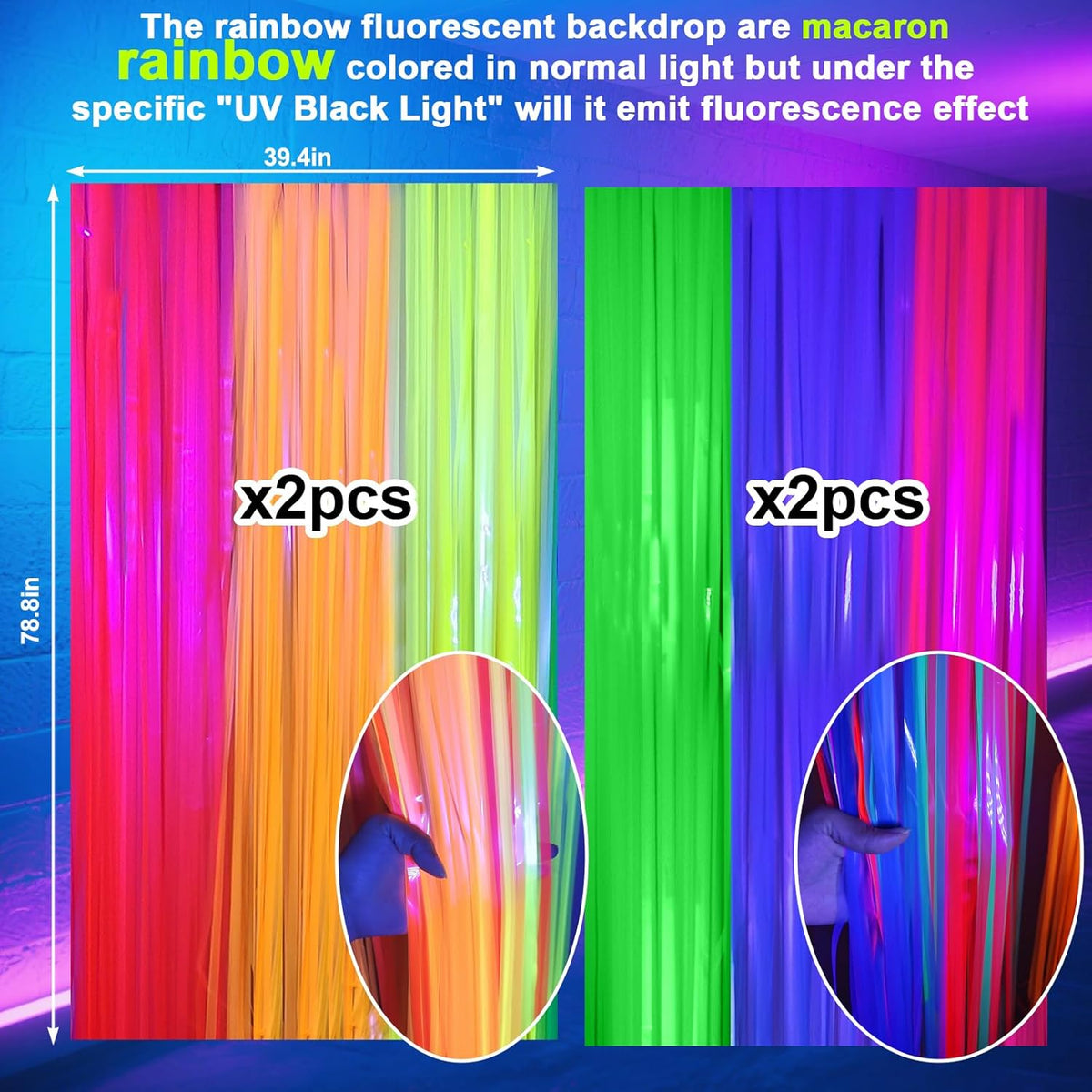 4 Packs Glow in the Dark Foil Fringe Curtain, Macaron Rainbow Blacklight Reactive Fluorescent