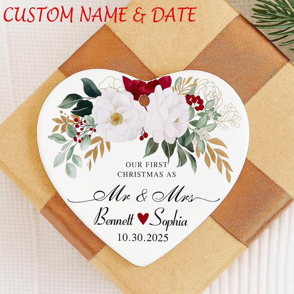 Love Signal Personalized Married Ceramic Ornament, Our First Christmas As Mr Mrs 2025 Ornaments