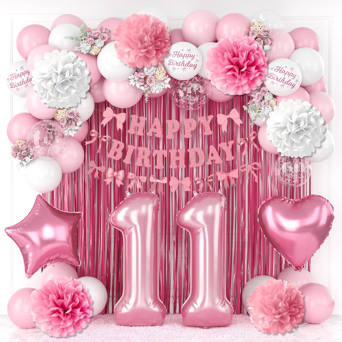 11th Birthday Decorations for Girls Pink Number 11 Balloon Bow Coquette Happy Birthday Banner