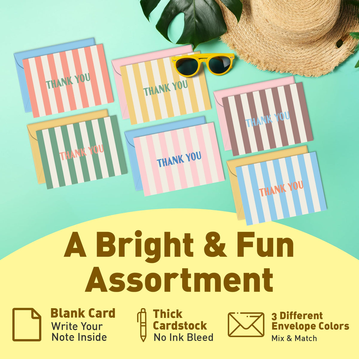 Sweetzer & Orange Summer Stripes Thank You Cards – Set of 24 Blank Cards with Envelopes – 6