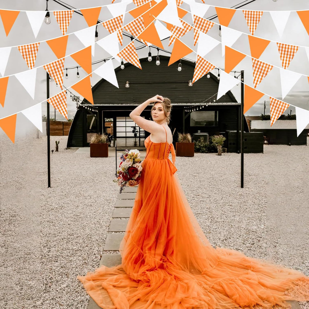 32Ft Orange Party Decorations Orange Buffalo Plaid Checkered White Triangle Flag Gingham Pennant