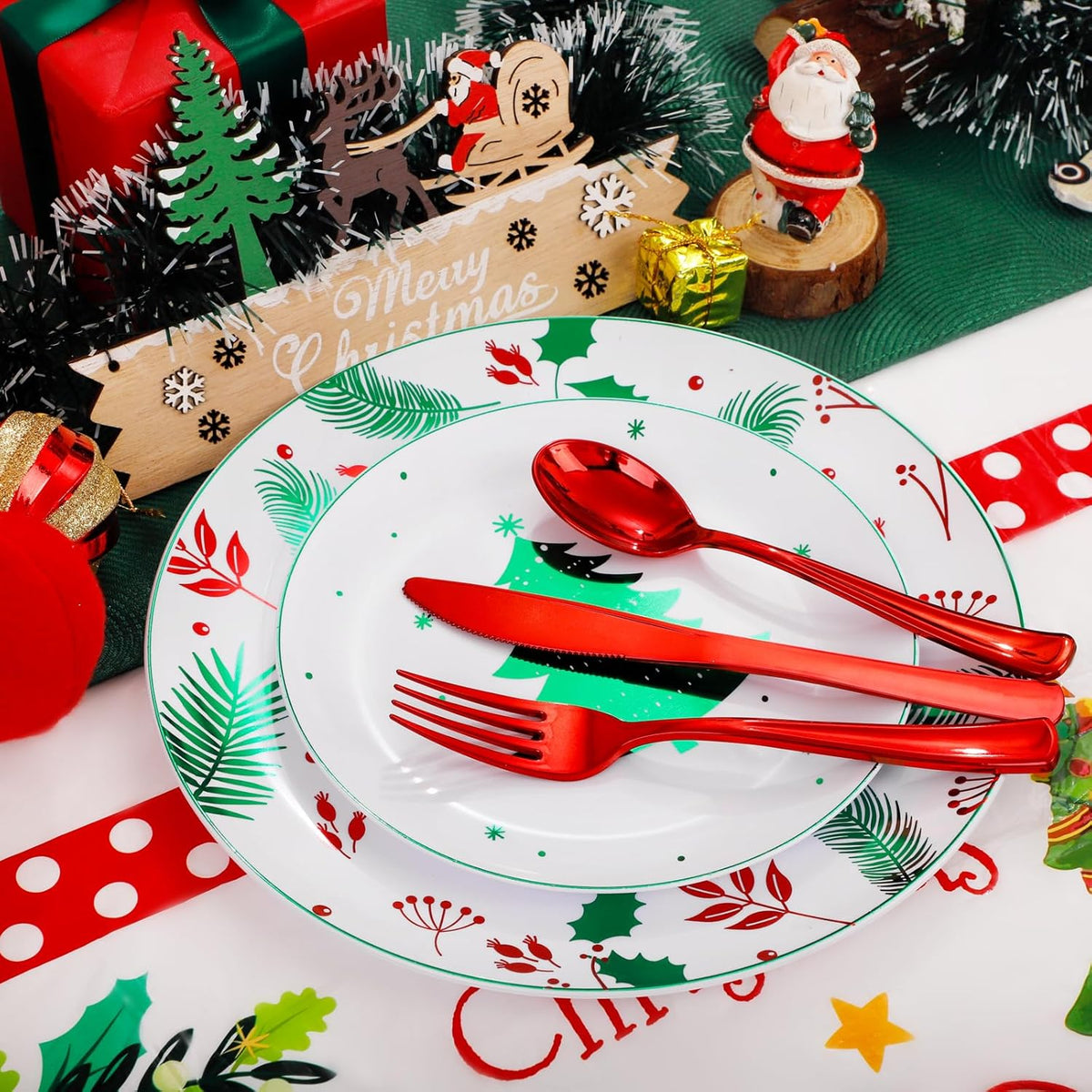 Festiva 176Pcs Christmas Plastic Plates Heavy Duty- Christmas disposable Dinnerware Set-include