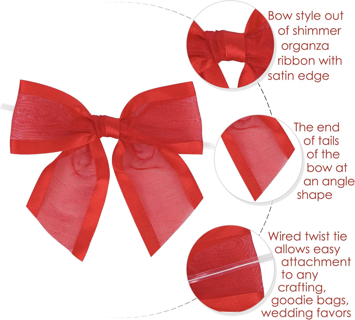 AIMUDI Red Bows for Crafts 4" Organza Bows Premade Twist Ties Bows for Gift Wrapping Crafts Treat