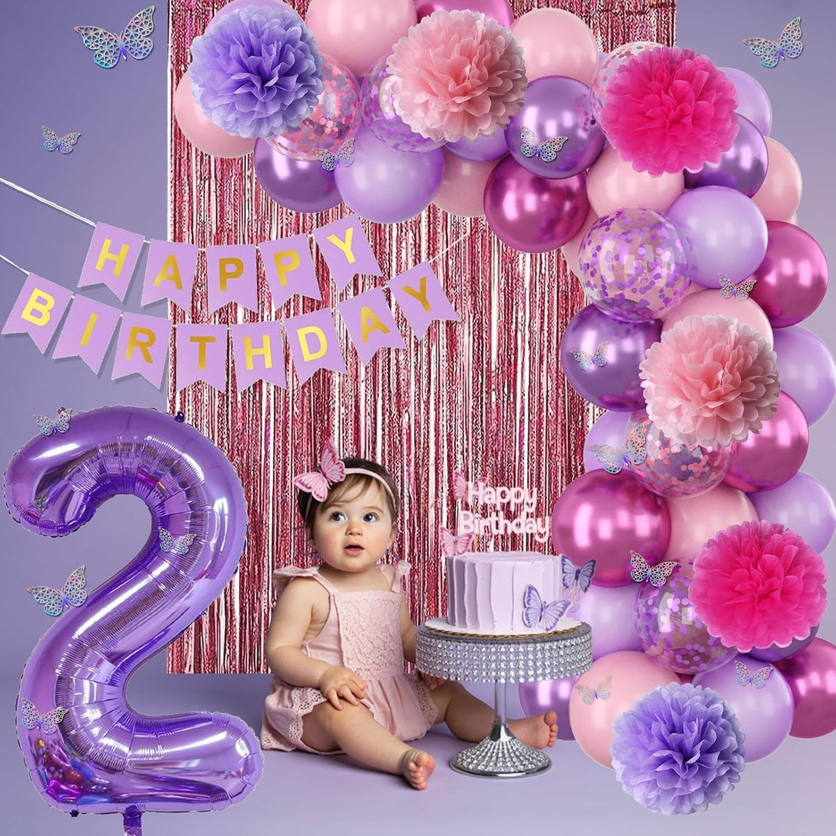 Pink Purple 2nd Birthday Party Decorations for Girls Number 2 Balloon Happy Birthday Banner