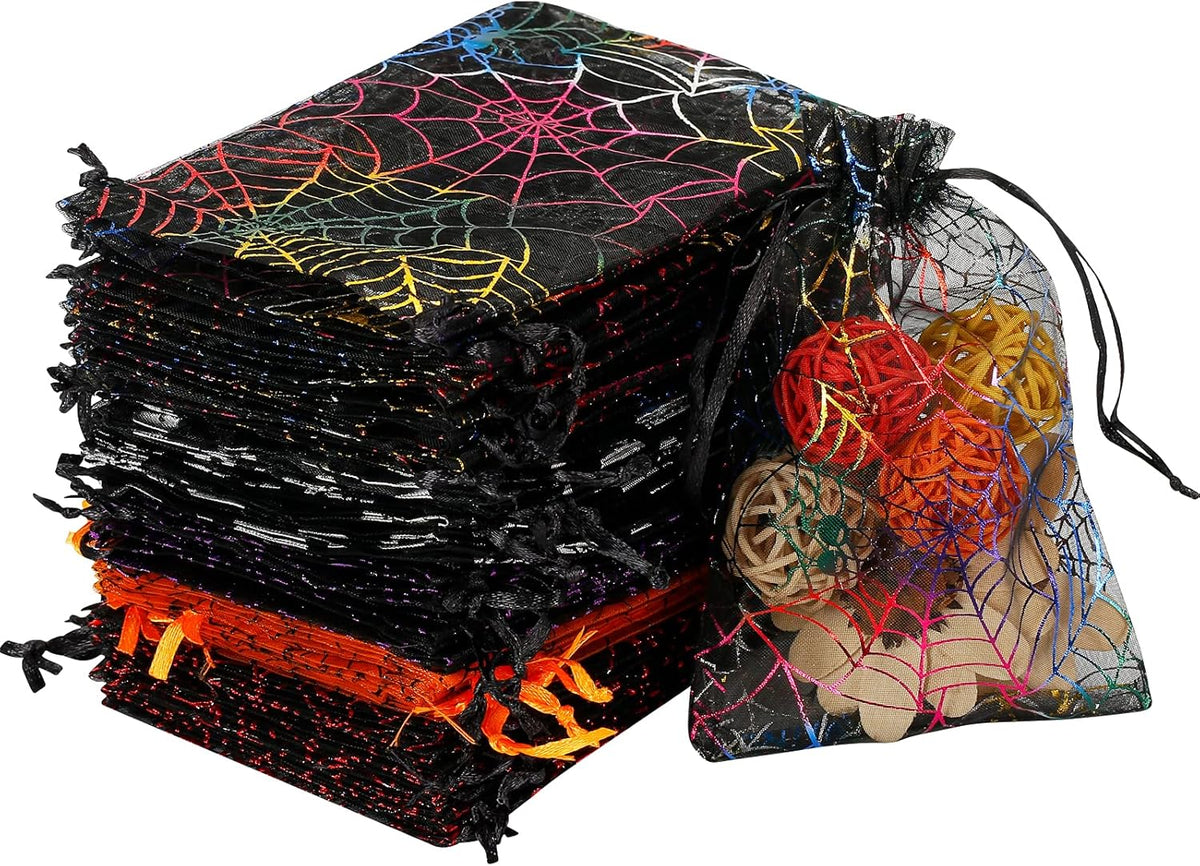 WenTao Halloween Organza Bags, Black Spider Web Favor Gift Bags with Drawstring, 4 x 6 inches