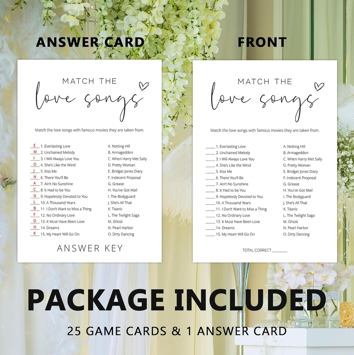 Bridal Shower Games, Match the Love Songs, 25Pcs Minimalist White Double-Sided Bridal Game Cards