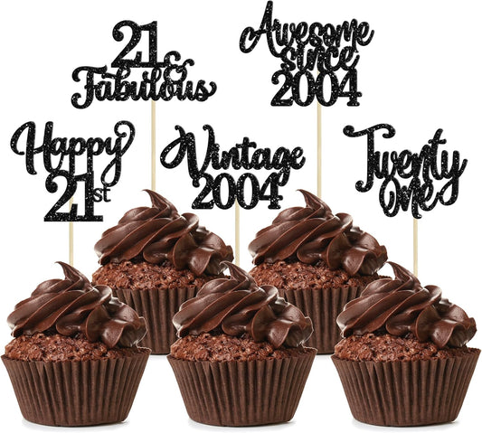 30Pcs Happy 21st Birthday Cupcake Toppers Glitter Awesome Since 2004 Twenty-one 21 Fabulous Vintage