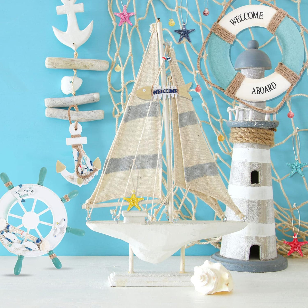 11 Pcs Wooden Nautical Wall Decor Fishing Net Decorations, Include Decorative Fishing Net, Ship