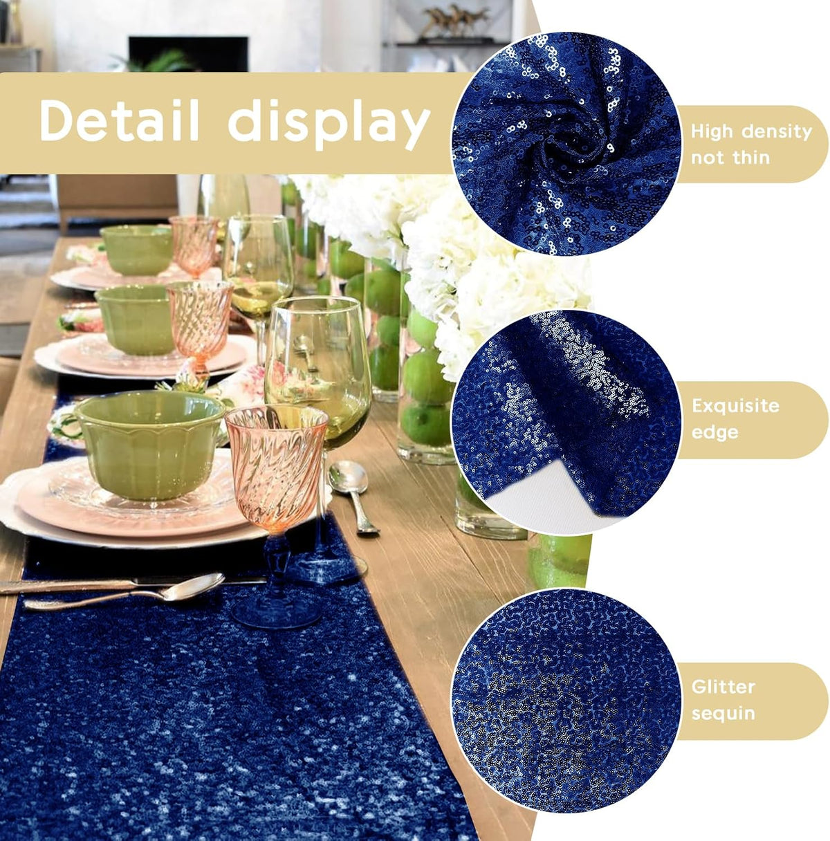 2 Packs 12 x 72 inches Sequin Table Runner, Navy Blue Glitter Table Runner for Birthday Party